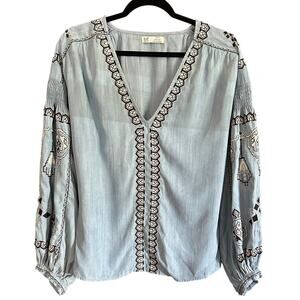 ZARA | Lightweight Chambray Boho Embroidered Puff Sleeve Blouse Western Small